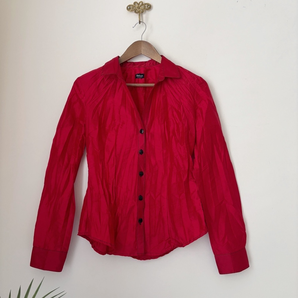 Beluva Red Pleated Button Front Shirt Small Preppy Classic